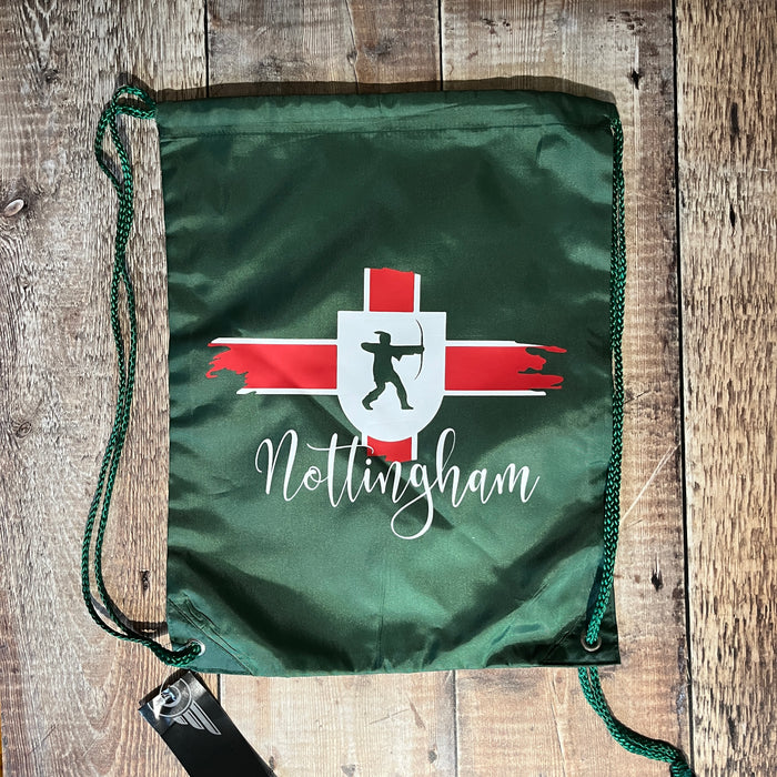 Green Drawstring Nylon Sports Bag with Nottingham Flag